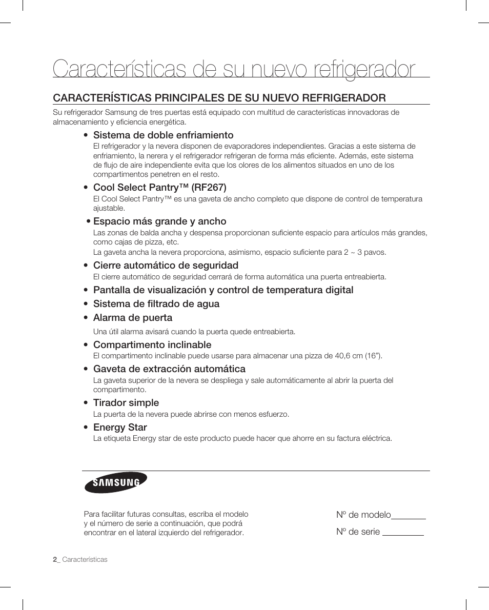Características de su nuevo refrigerador | Samsung RF266ACPN-XAA User Manual | Page 38 / 76