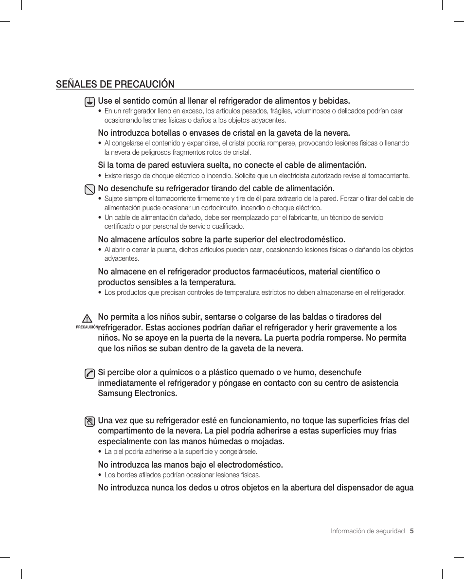 Señales de precaución | Samsung RF266ACPN-XAA User Manual | Page 41 / 76