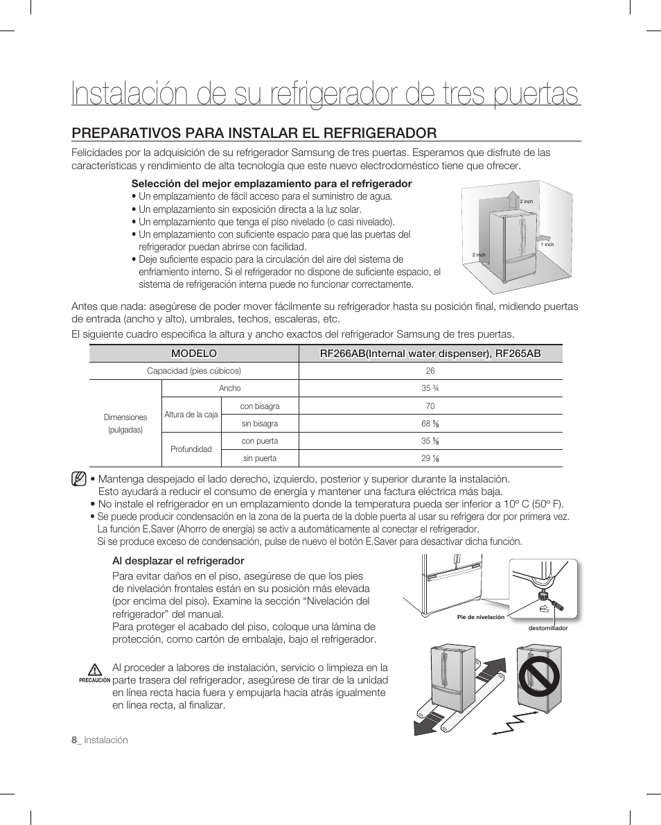 Instalación de su refrigerador de tres puertas, Preparativos para instalar el refrigerador | Samsung RF266ACPN-XAA User Manual | Page 44 / 76