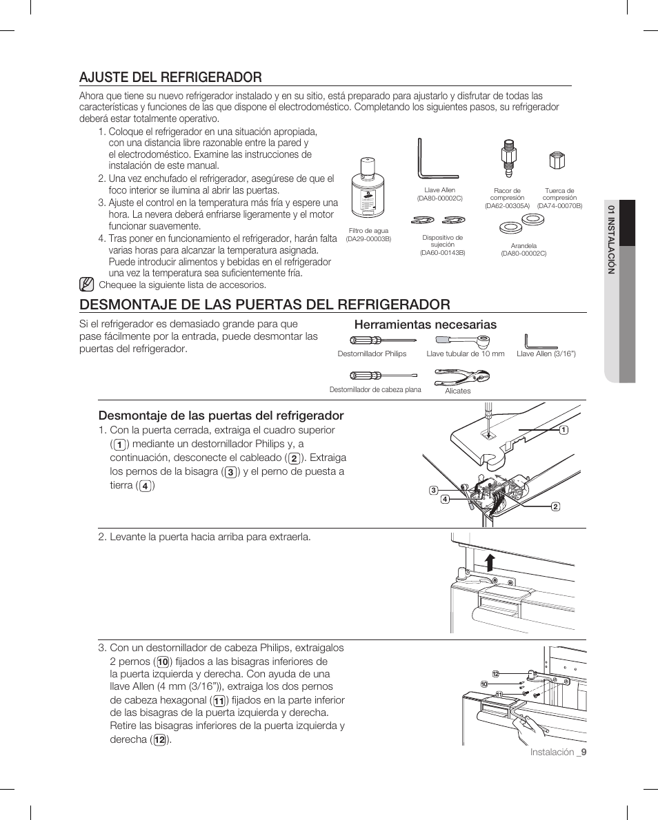 Ajuste del refrigerador, Desmontaje de las puertas del refrigerador, Herramientas necesarias | Samsung RF266ACPN-XAA User Manual | Page 45 / 76