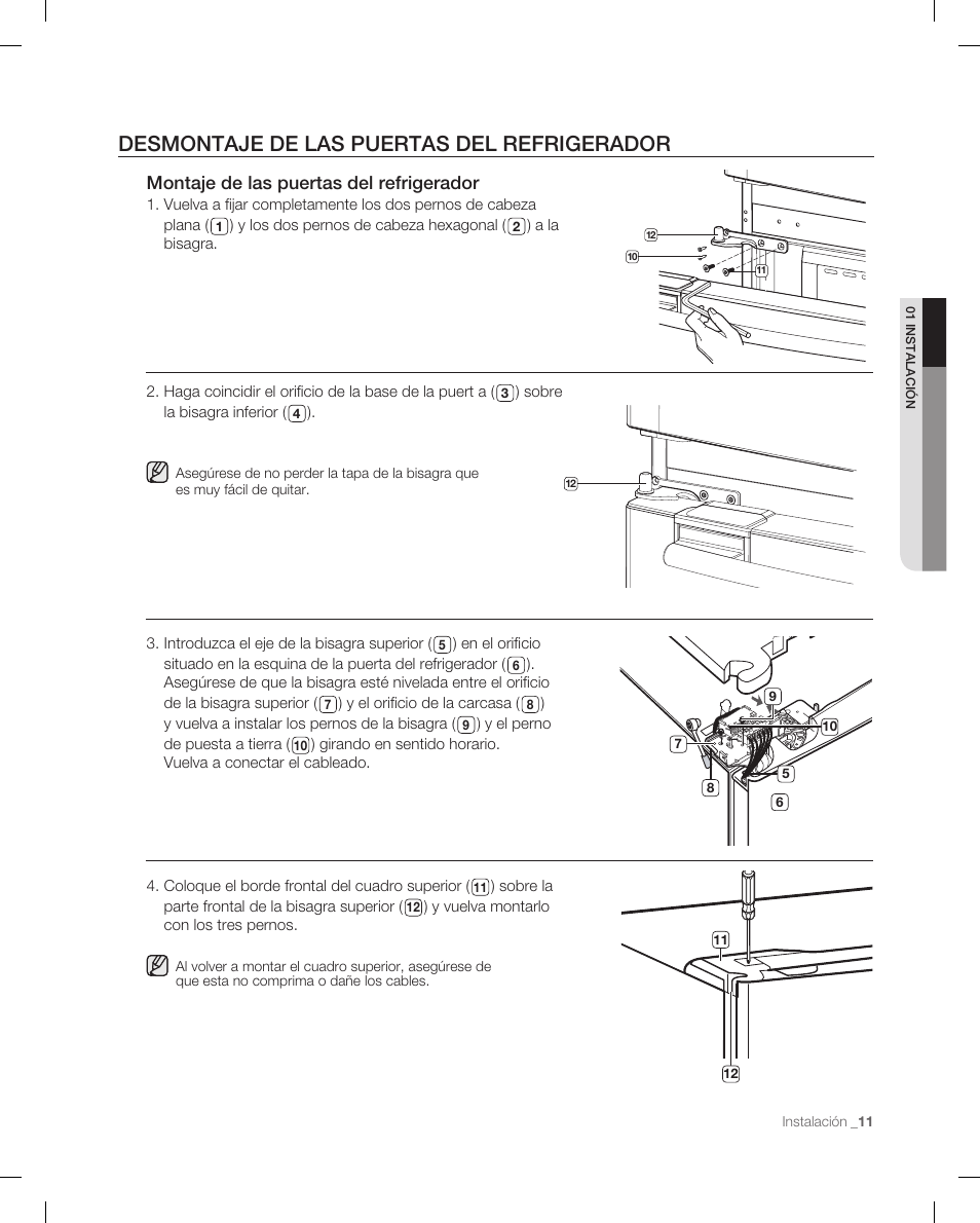 Desmontaje de las puertas del refrigerador, Montaje de las puertas del refrigerador | Samsung RF266ACPN-XAA User Manual | Page 47 / 76