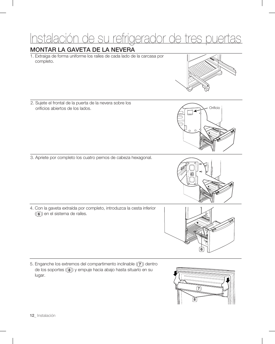 Instalación de su refrigerador de tres puertas, Montar la gaveta de la nevera | Samsung RF266ACPN-XAA User Manual | Page 48 / 76