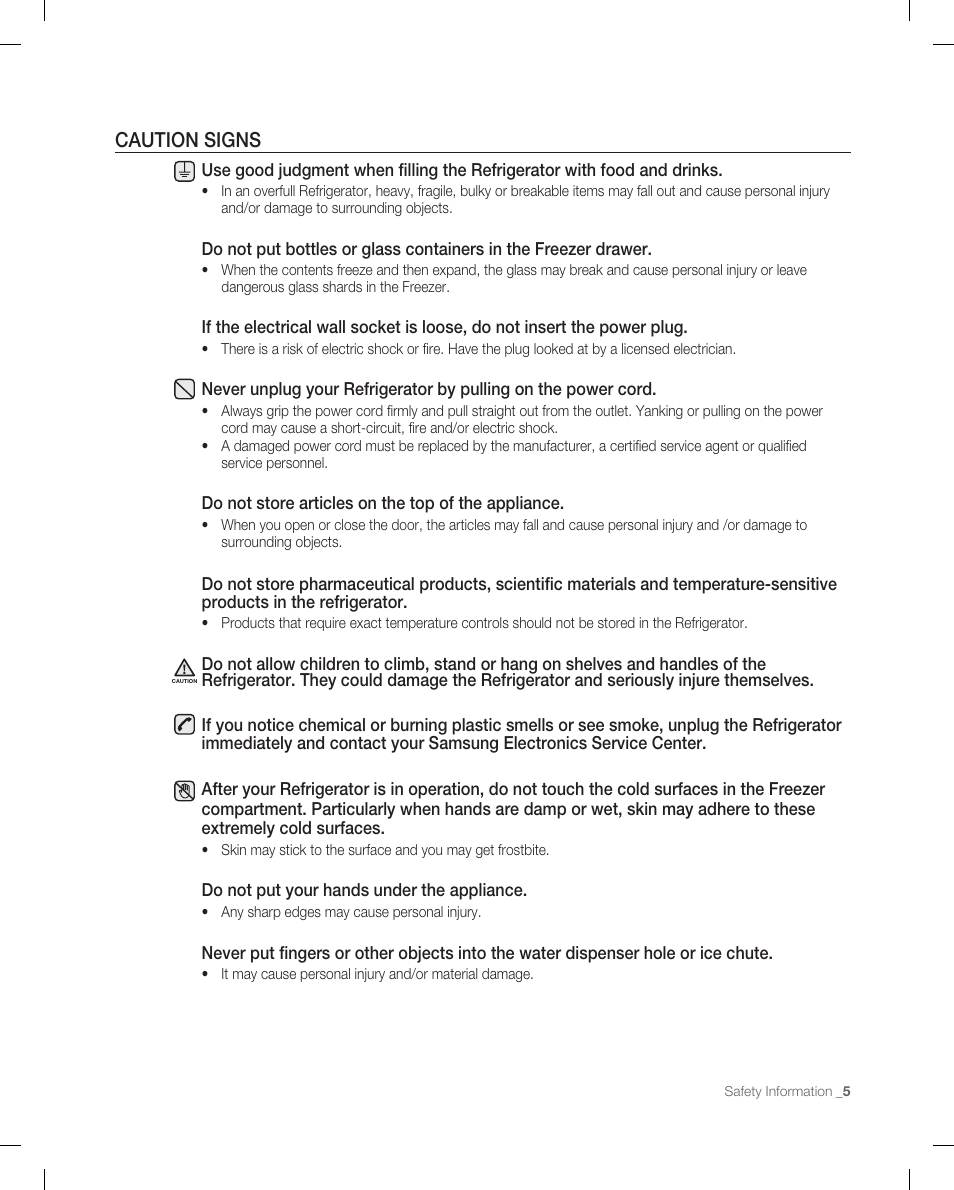 Caution signs | Samsung RF266ACPN-XAA User Manual | Page 5 / 76