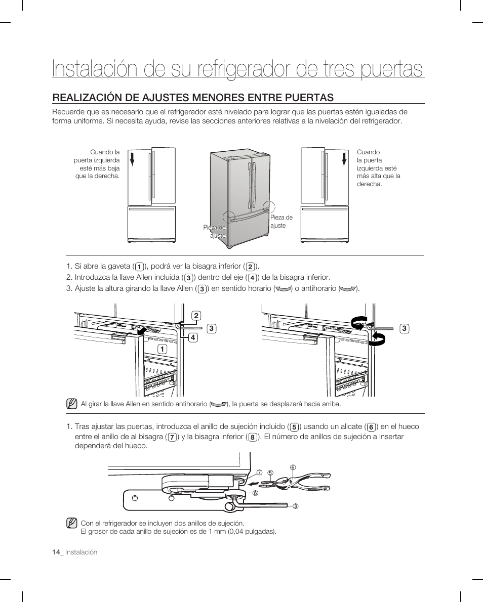 Instalación de su refrigerador de tres puertas, Realización de ajustes menores entre puertas | Samsung RF266ACPN-XAA User Manual | Page 50 / 76