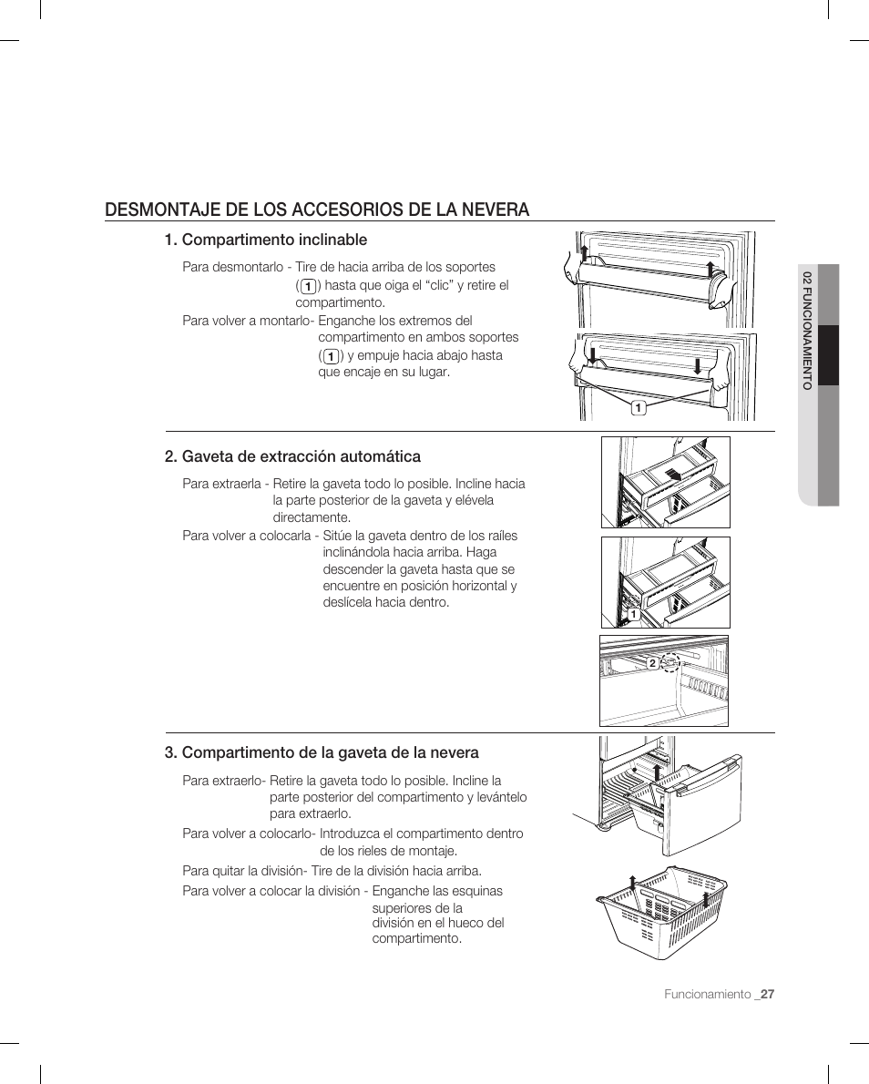 Desmontaje de los accesorios de la nevera, Compartimento inclinable, Gaveta de extracción automática | Compartimento de la gaveta de la nevera | Samsung RF266ACPN-XAA User Manual | Page 63 / 76