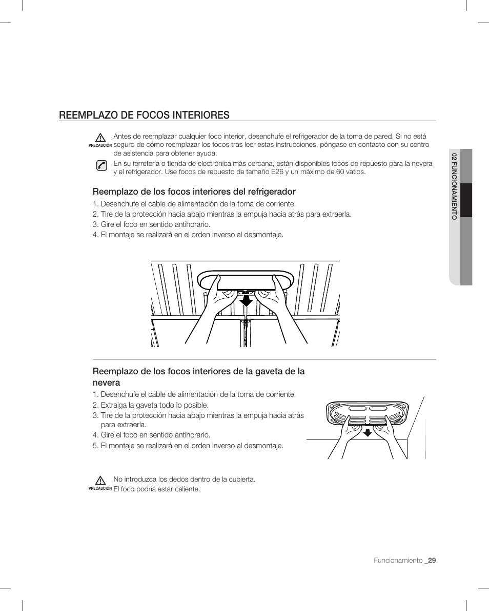 Reemplazo de focos interiores, Reemplazo de los focos interiores del refrigerador | Samsung RF266ACPN-XAA User Manual | Page 65 / 76