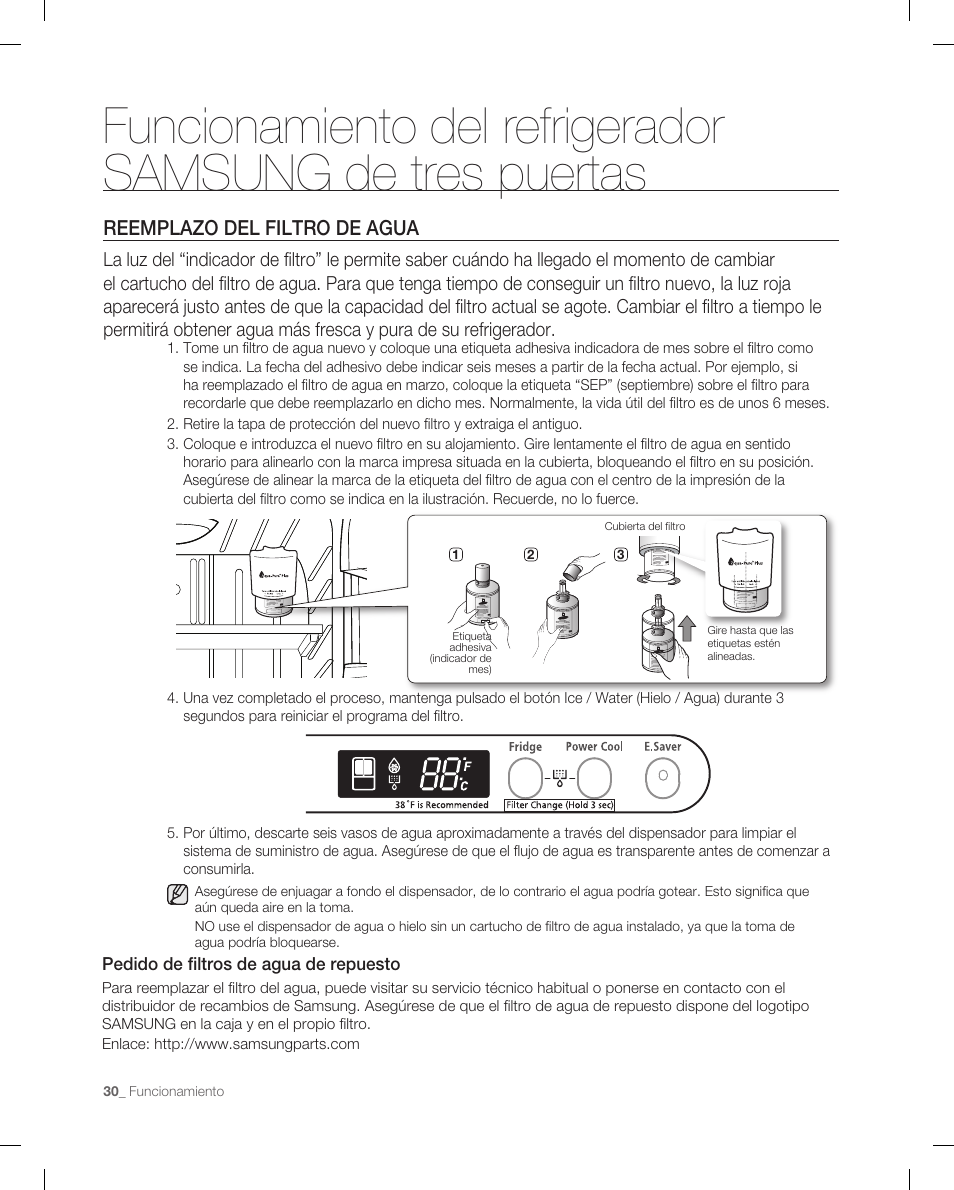 Reemplazo del filtro de agua | Samsung RF266ACPN-XAA User Manual | Page 66 / 76