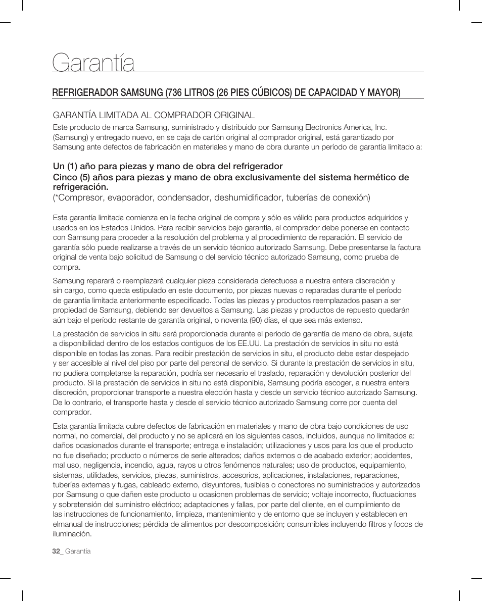 Garantía | Samsung RF266ACPN-XAA User Manual | Page 68 / 76