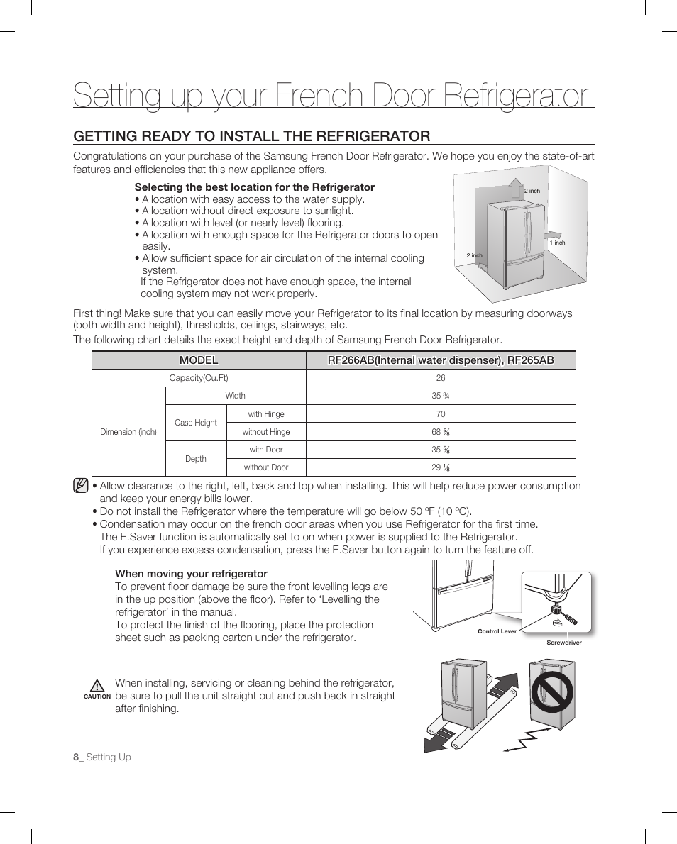 Setting up your french door refrigerator, Getting ready to install the refrigerator | Samsung RF266ACPN-XAA User Manual | Page 8 / 76