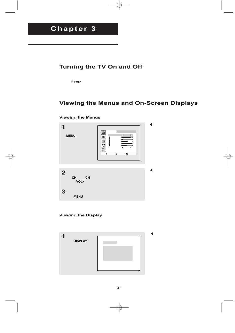 Turning the tv on and off, Viewing the menus and on-screen displays | Samsung LTN1765X-XAC User Manual | Page 19 / 61