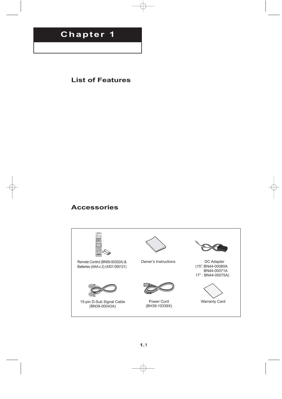 List of features, Accessories | Samsung LTN1765X-XAC User Manual | Page 6 / 61