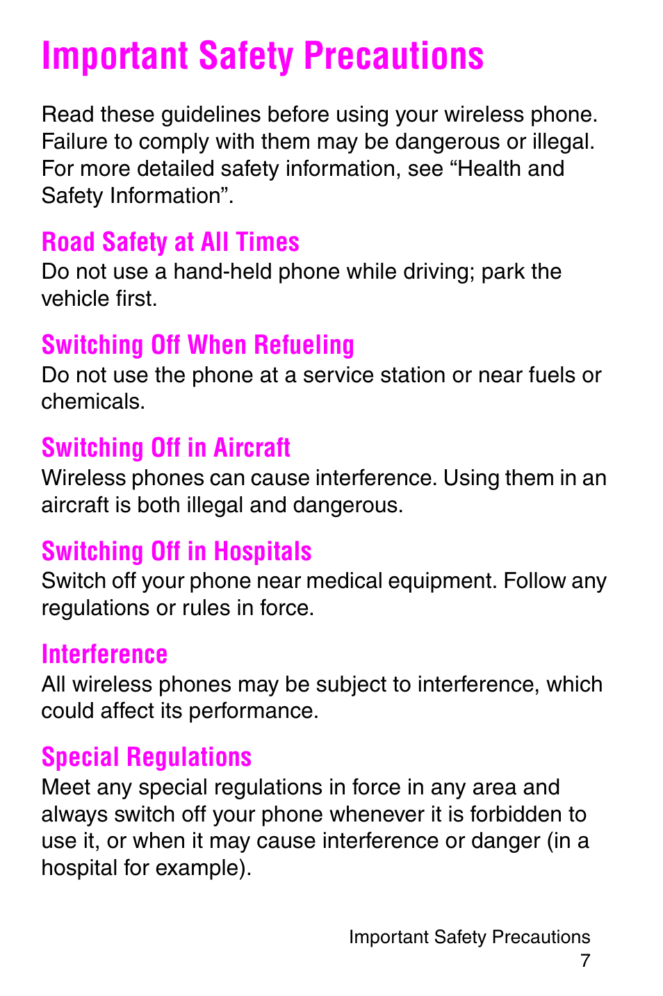 Important safety precautions, Road safety at all times, Switching off when refueling | Switching off in aircraft, Switching off in hospitals, Interference, Special regulations | Samsung SGH-P107BSACIN User Manual | Page 10 / 195