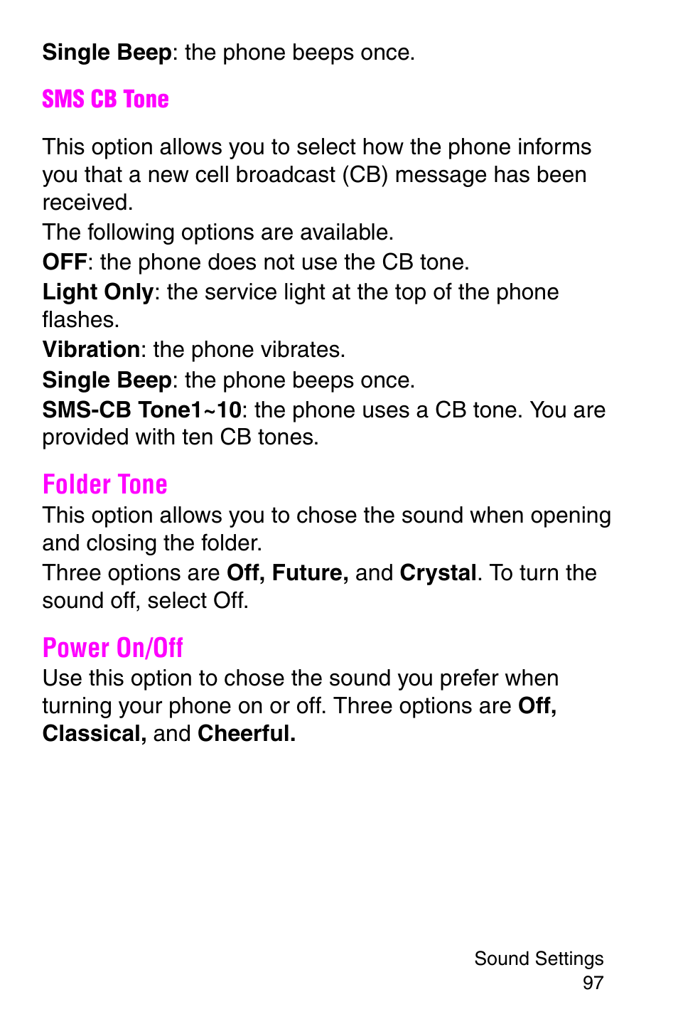 Folder tone, Power on/off, Folder tone power on/off | Samsung SGH-P107BSACIN User Manual | Page 100 / 195