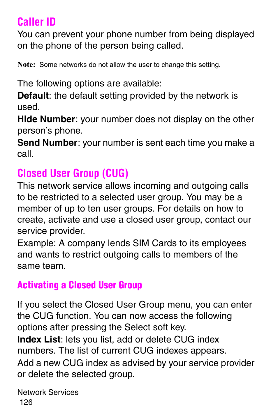 Caller id, Closed user group (cug), Caller id closed user group (cug) | Samsung SGH-P107BSACIN User Manual | Page 129 / 195