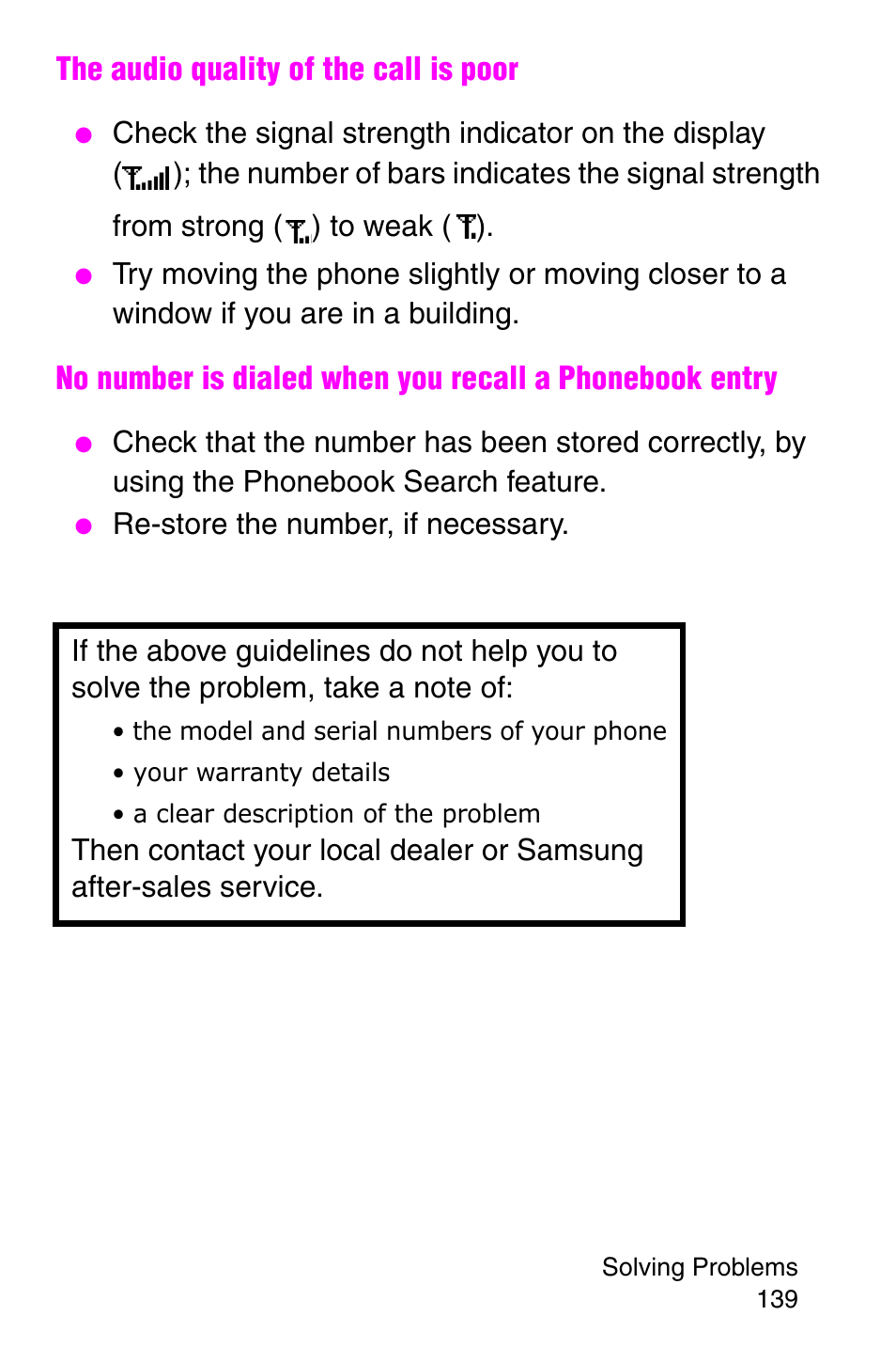 The audio quality of the call is poor | Samsung SGH-P107BSACIN User Manual | Page 142 / 195