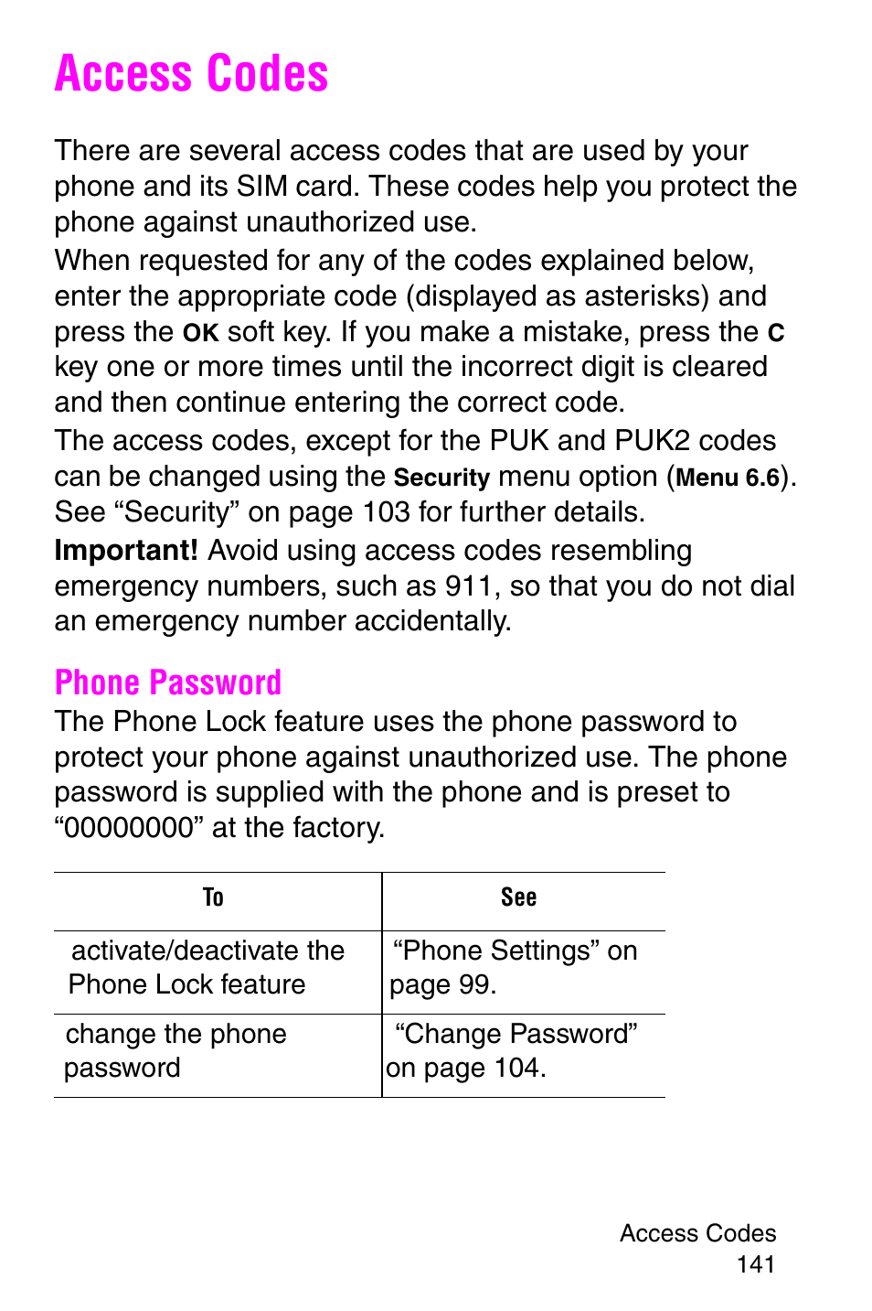 Access codes, Phone password | Samsung SGH-P107BSACIN User Manual | Page 144 / 195