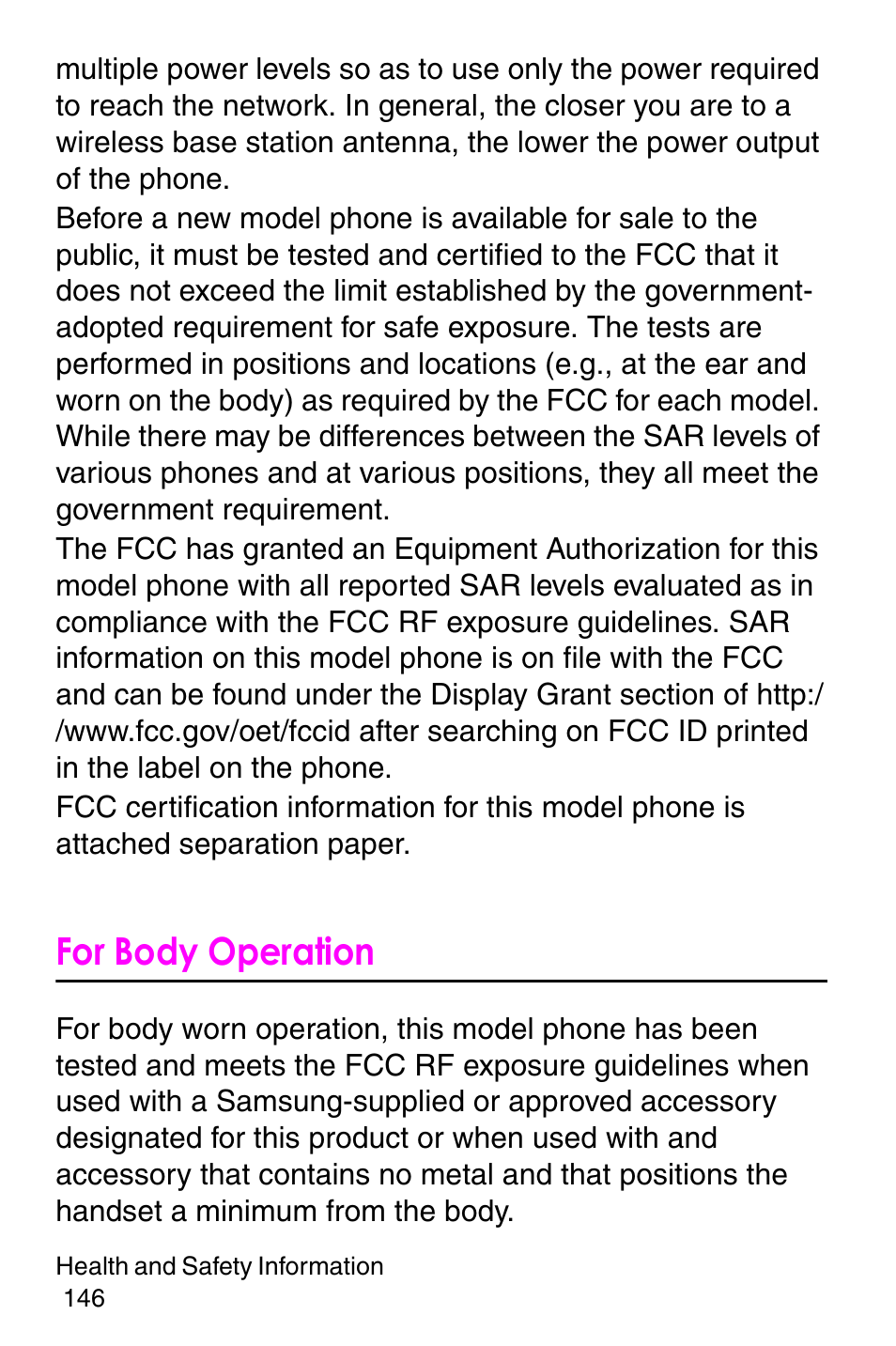 For body operation | Samsung SGH-P107BSACIN User Manual | Page 149 / 195