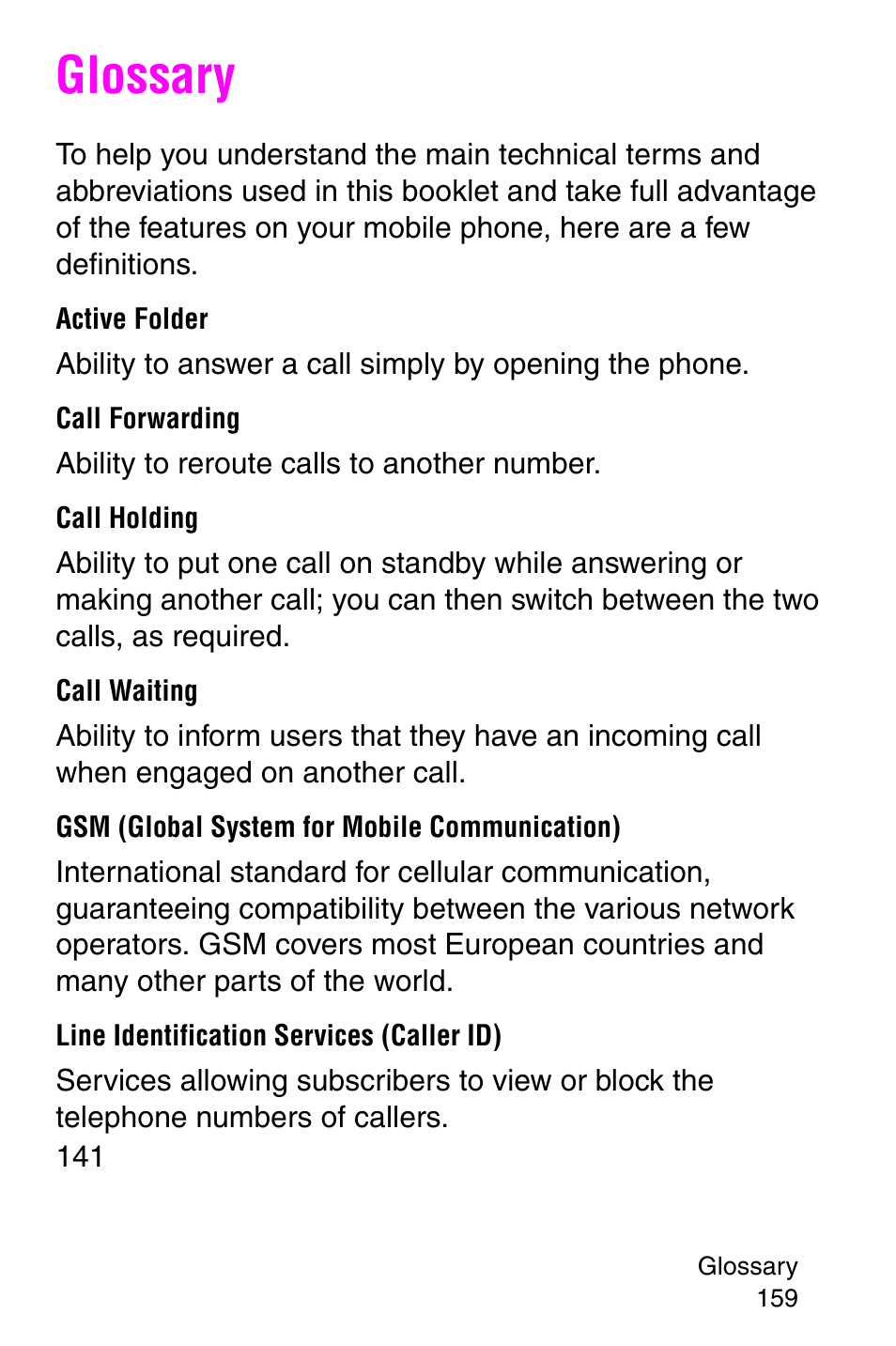 Glossary, Active folder, Call forwarding | Call holding, Call waiting, Gsm (global system for mobile communication), Line identification services (caller id) | Samsung SGH-P107BSACIN User Manual | Page 162 / 195