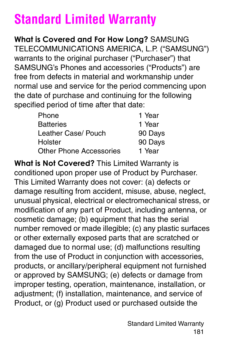 Standard limited warranty | Samsung SGH-P107BSACIN User Manual | Page 184 / 195