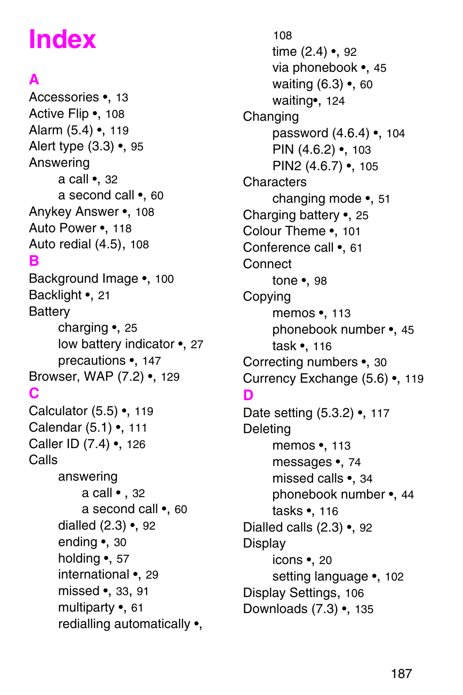 Index | Samsung SGH-P107BSACIN User Manual | Page 190 / 195