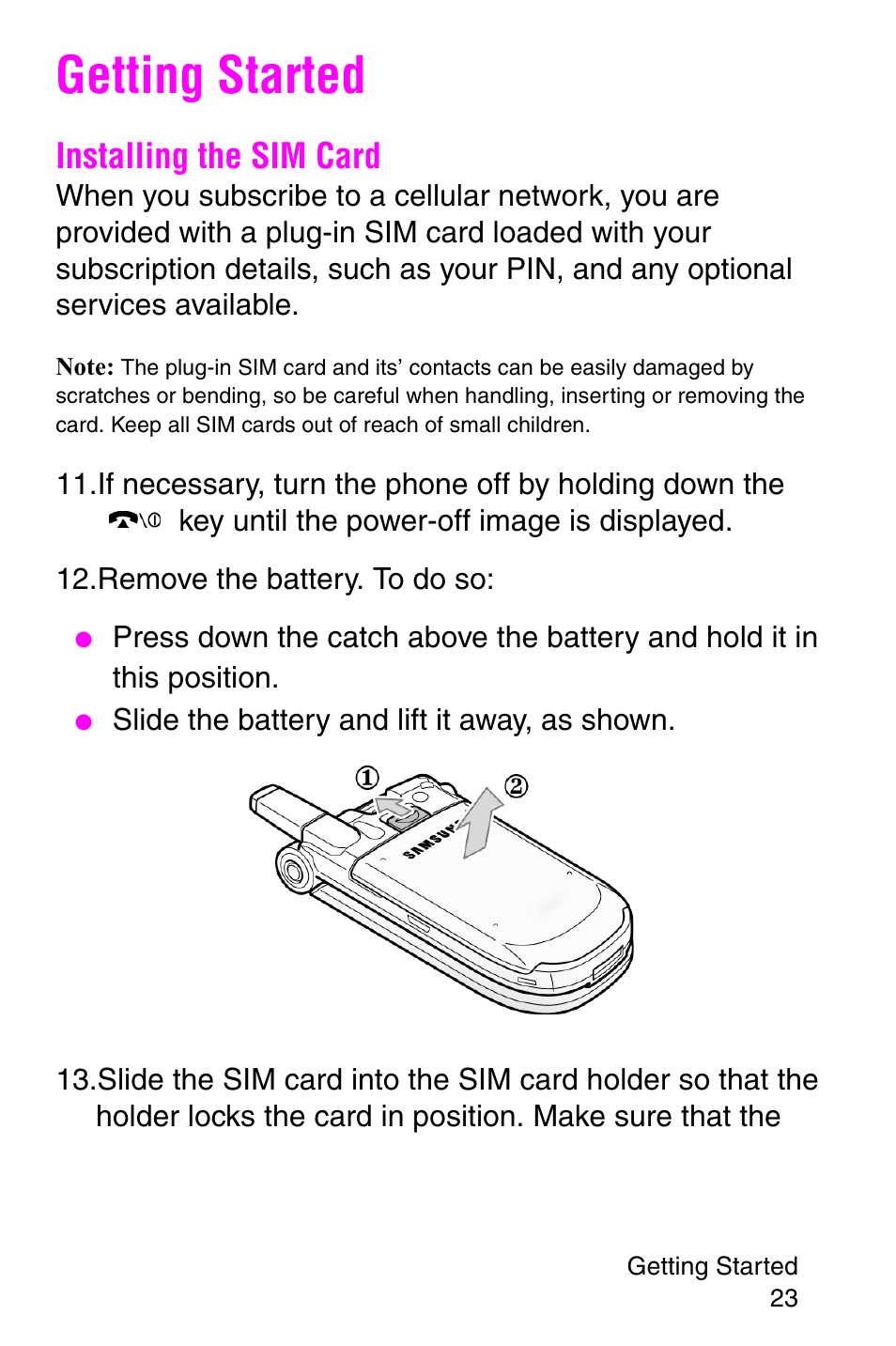 Getting started, Installing the sim card | Samsung SGH-P107BSACIN User Manual | Page 26 / 195