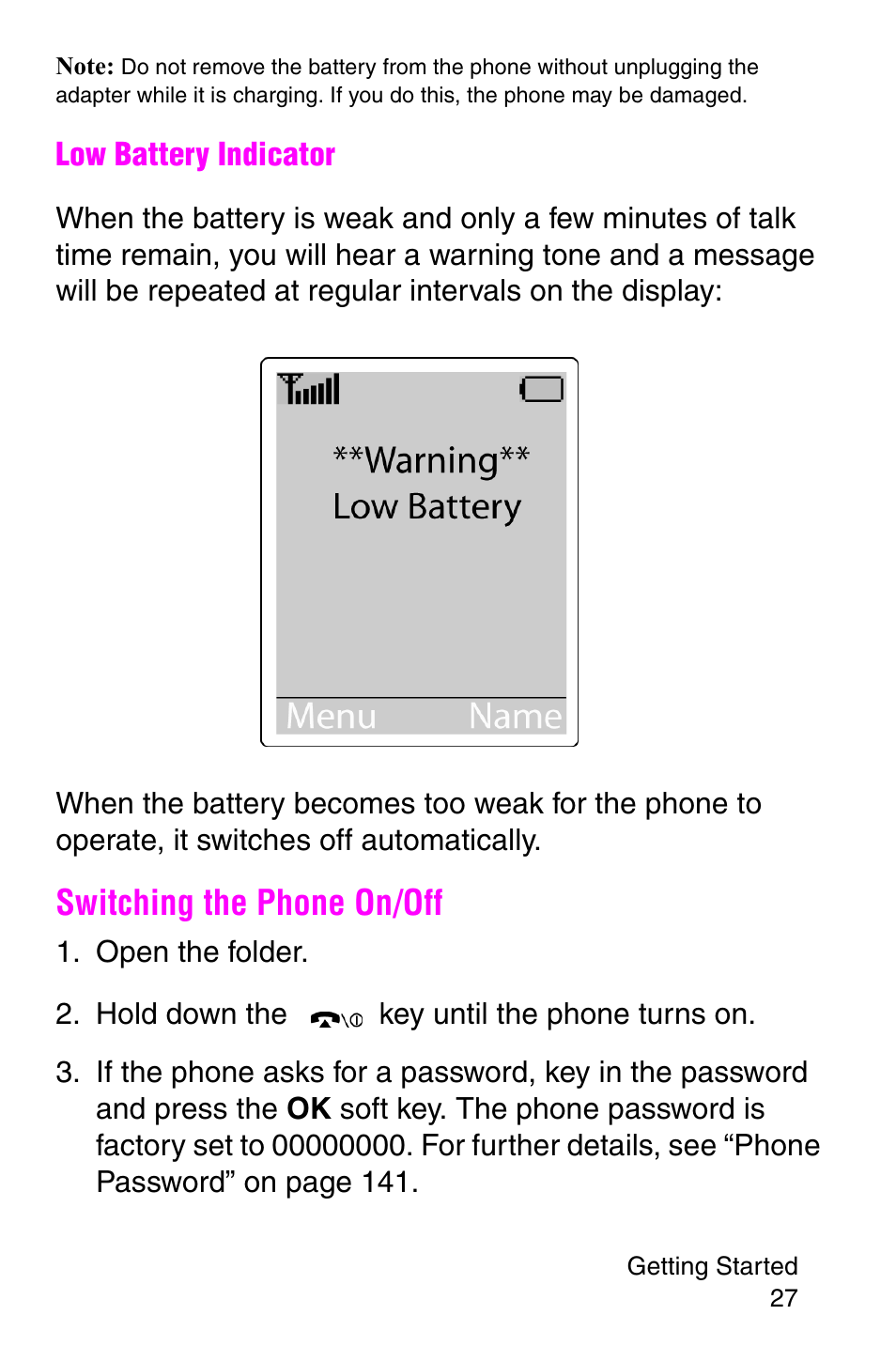 Switching the phone on/off | Samsung SGH-P107BSACIN User Manual | Page 30 / 195