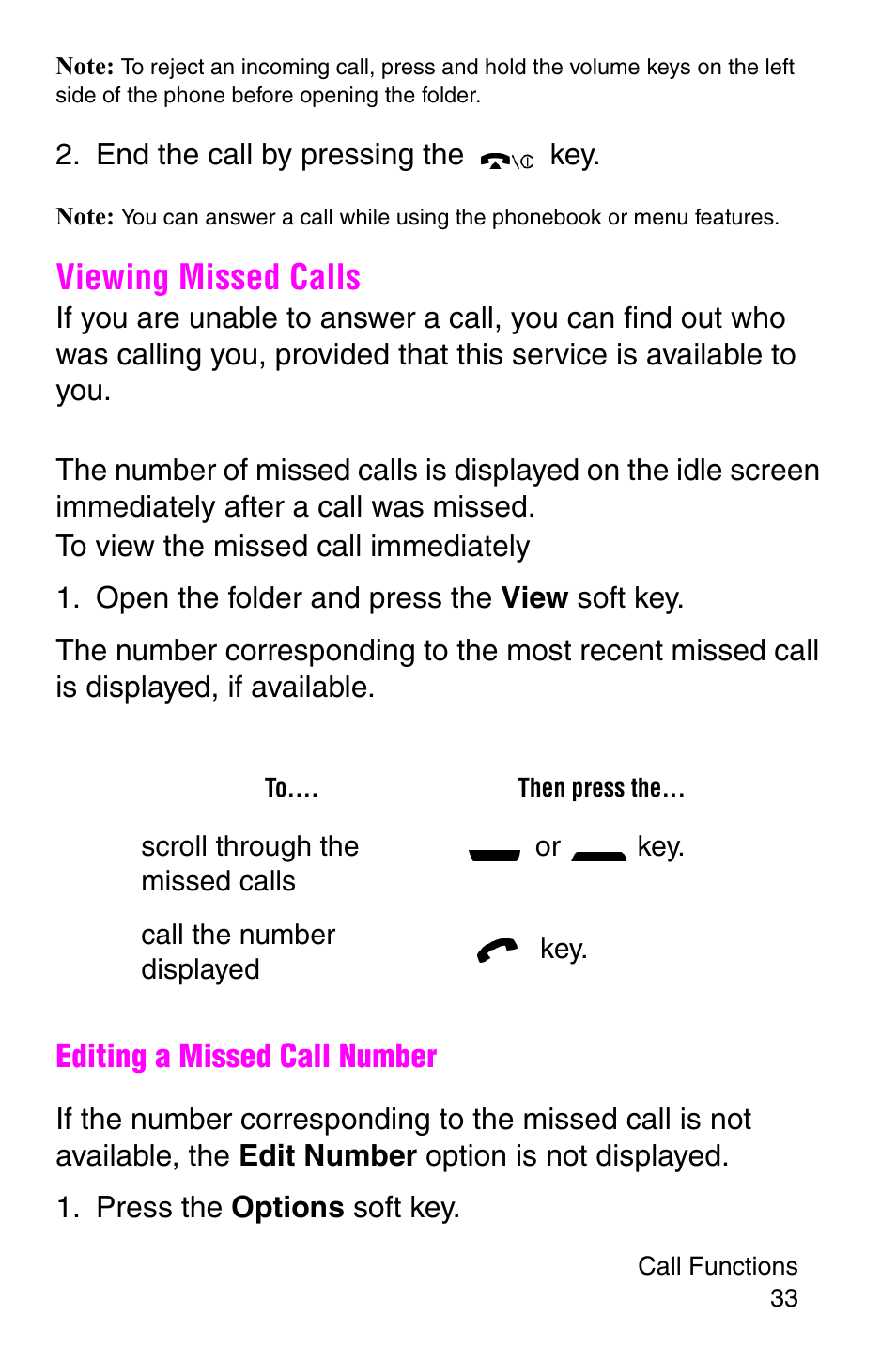 Viewing missed calls | Samsung SGH-P107BSACIN User Manual | Page 36 / 195