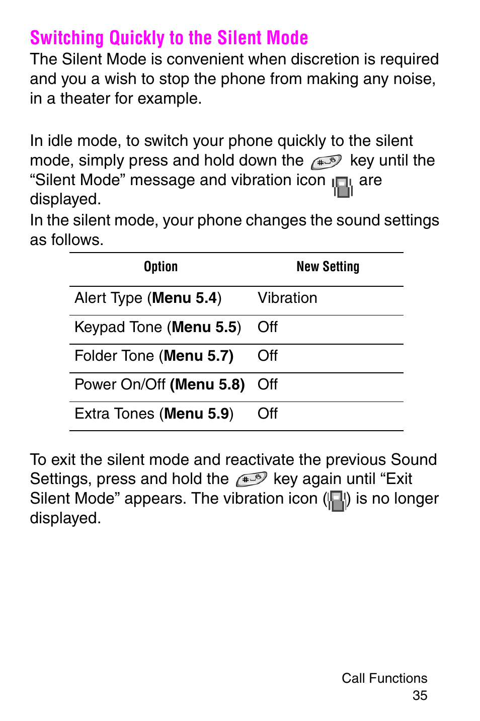 Switching quickly to the silent mode | Samsung SGH-P107BSACIN User Manual | Page 38 / 195