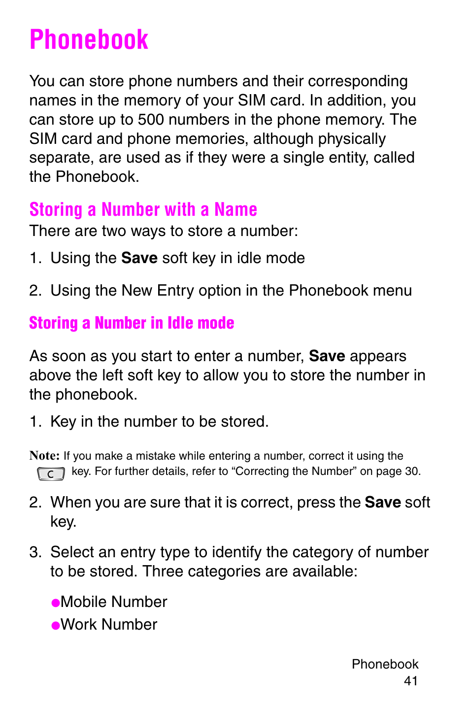 Phonebook, Storing a number with a name | Samsung SGH-P107BSACIN User Manual | Page 44 / 195