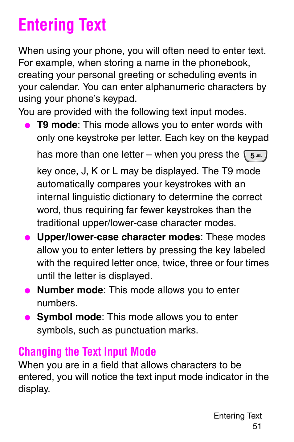 Entering text, Changing the text input mode | Samsung SGH-P107BSACIN User Manual | Page 54 / 195