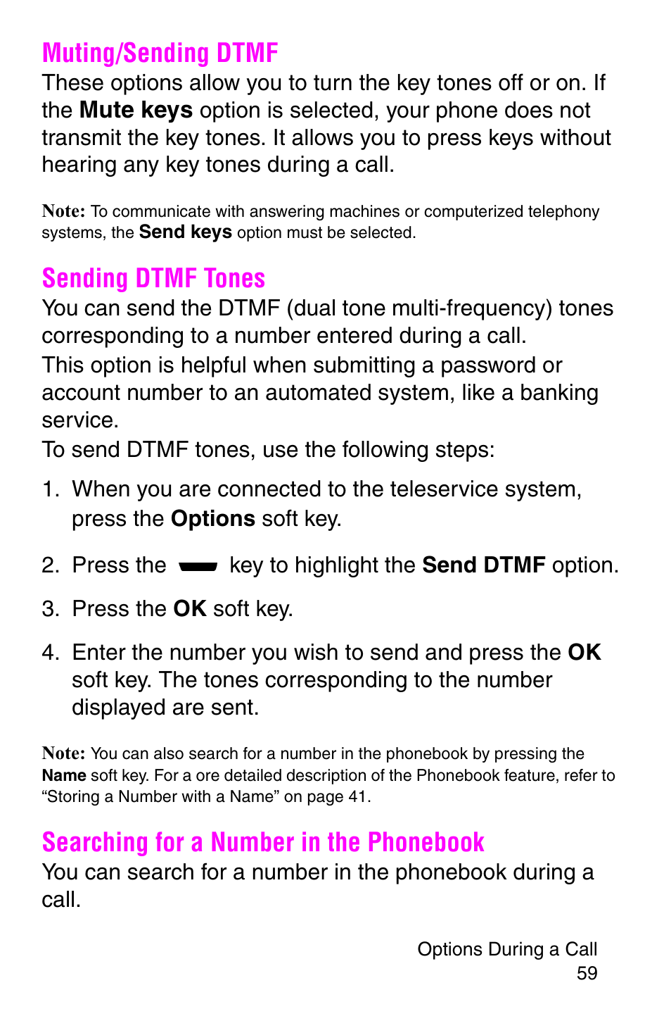 Muting/sending dtmf, Sending dtmf tones, Searching for a number in the phonebook | Samsung SGH-P107BSACIN User Manual | Page 62 / 195