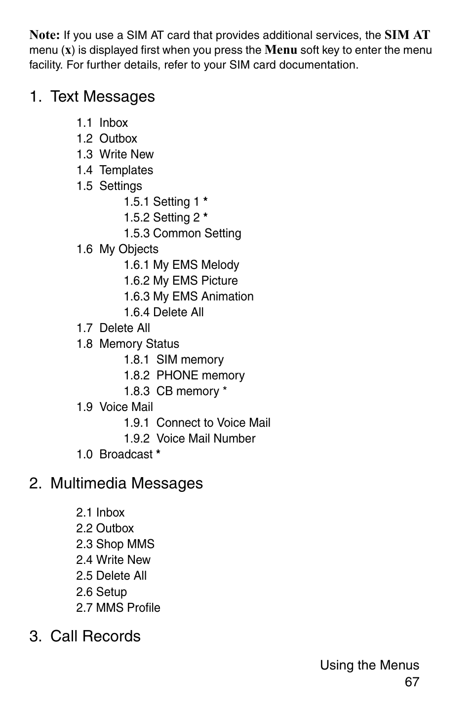 Text messages, Multimedia messages, Call records | Samsung SGH-P107BSACIN User Manual | Page 70 / 195