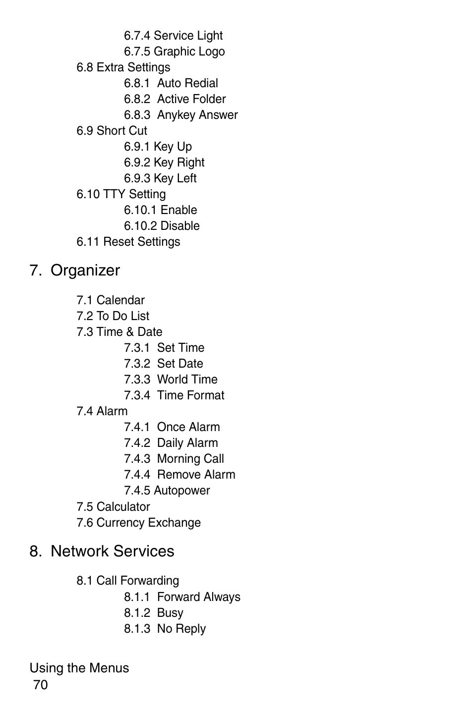 Organizer, Network services | Samsung SGH-P107BSACIN User Manual | Page 73 / 195