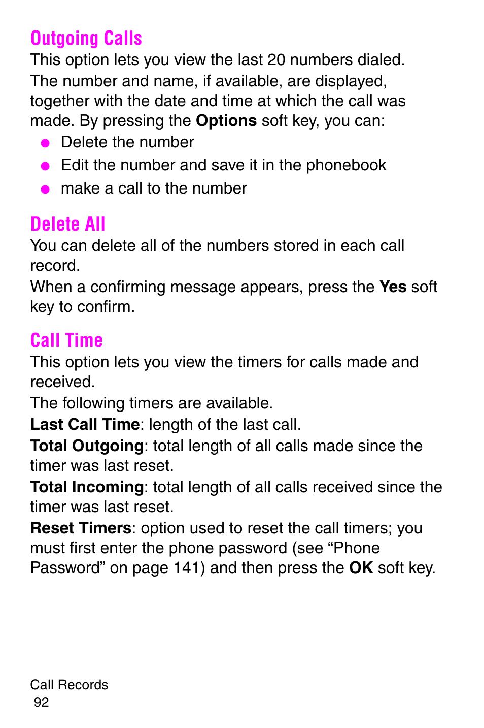 Outgoing calls, Delete all, Call time | Outgoing calls delete all call time | Samsung SGH-P107BSACIN User Manual | Page 95 / 195