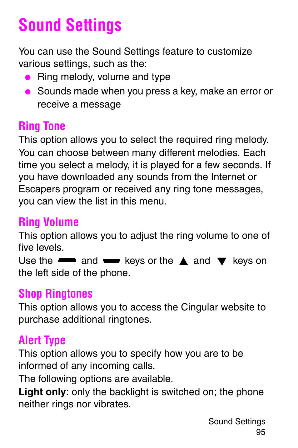 Sound settings, Ring tone, Ring volume | Shop ringtones, Alert type, Ring tone ring volume shop ringtones alert type | Samsung SGH-P107BSACIN User Manual | Page 98 / 195