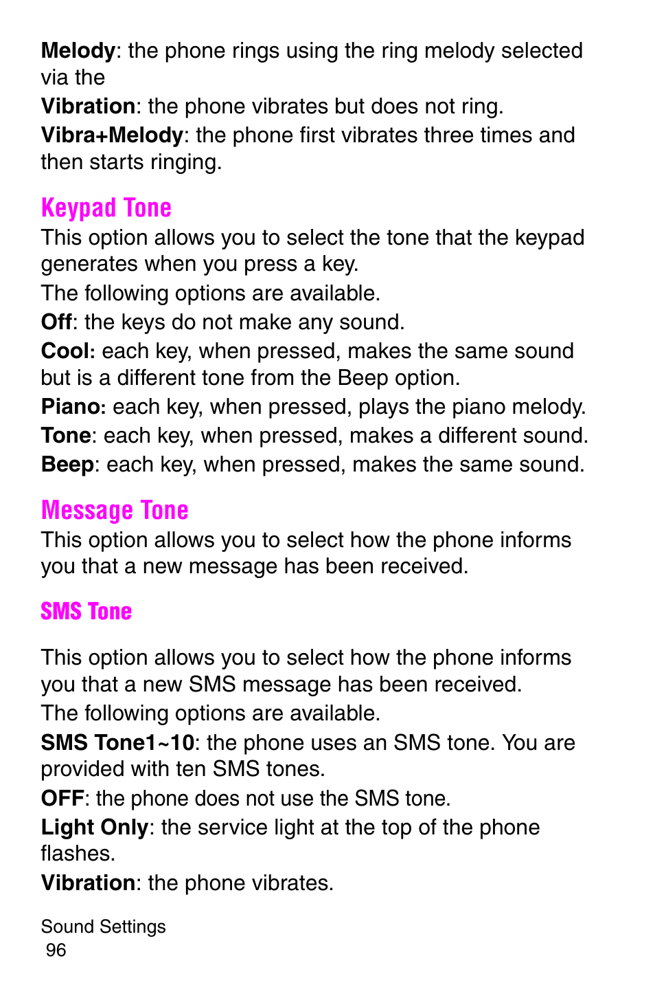 Keypad tone, Message tone, Keypad tone message tone | Samsung SGH-P107BSACIN User Manual | Page 99 / 195