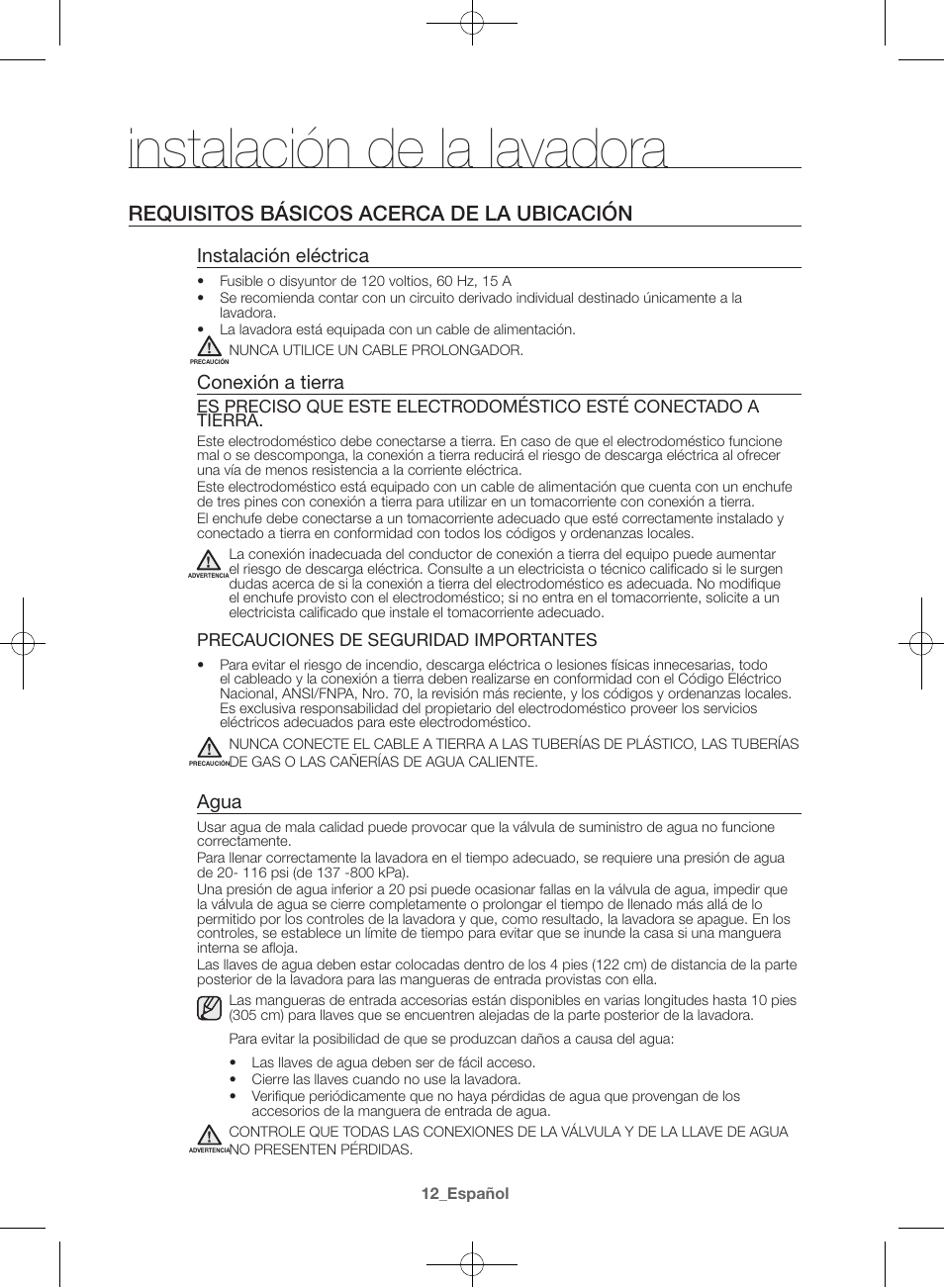 Instalación de la lavadora, Requisitos básicos acerca de la ubicación, Instalación eléctrica | Conexión a tierra, Agua | Samsung WF42H5400AW-A2 User Manual | Page 100 / 132