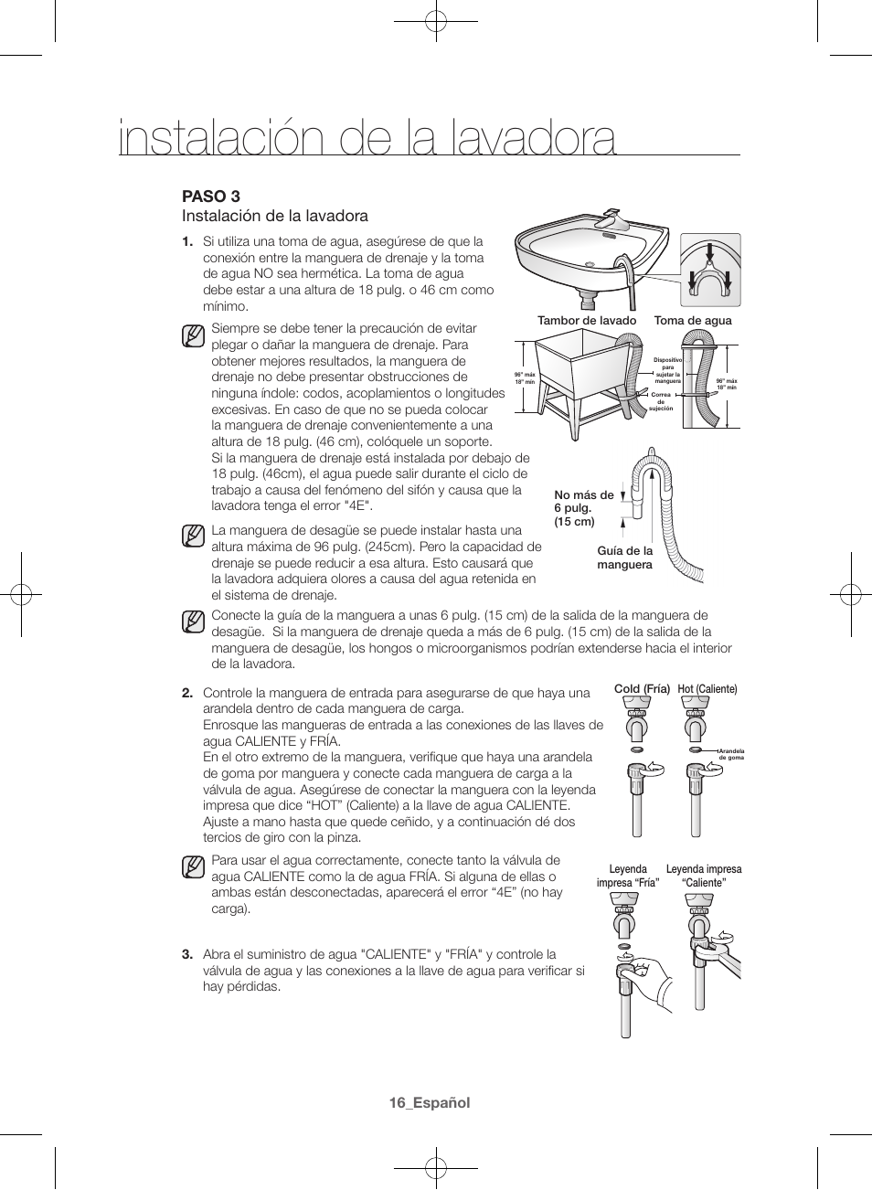 Instalación de la lavadora, Paso 3 instalación de la lavadora | Samsung WF42H5400AW-A2 User Manual | Page 104 / 132