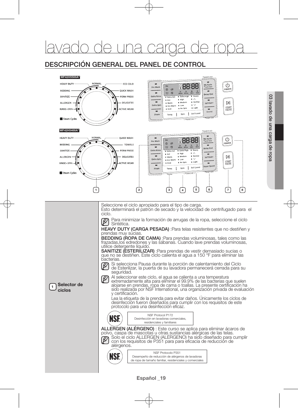 Lavado de una carga de ropa, Descripción general del panel de control | Samsung WF42H5400AW-A2 User Manual | Page 107 / 132