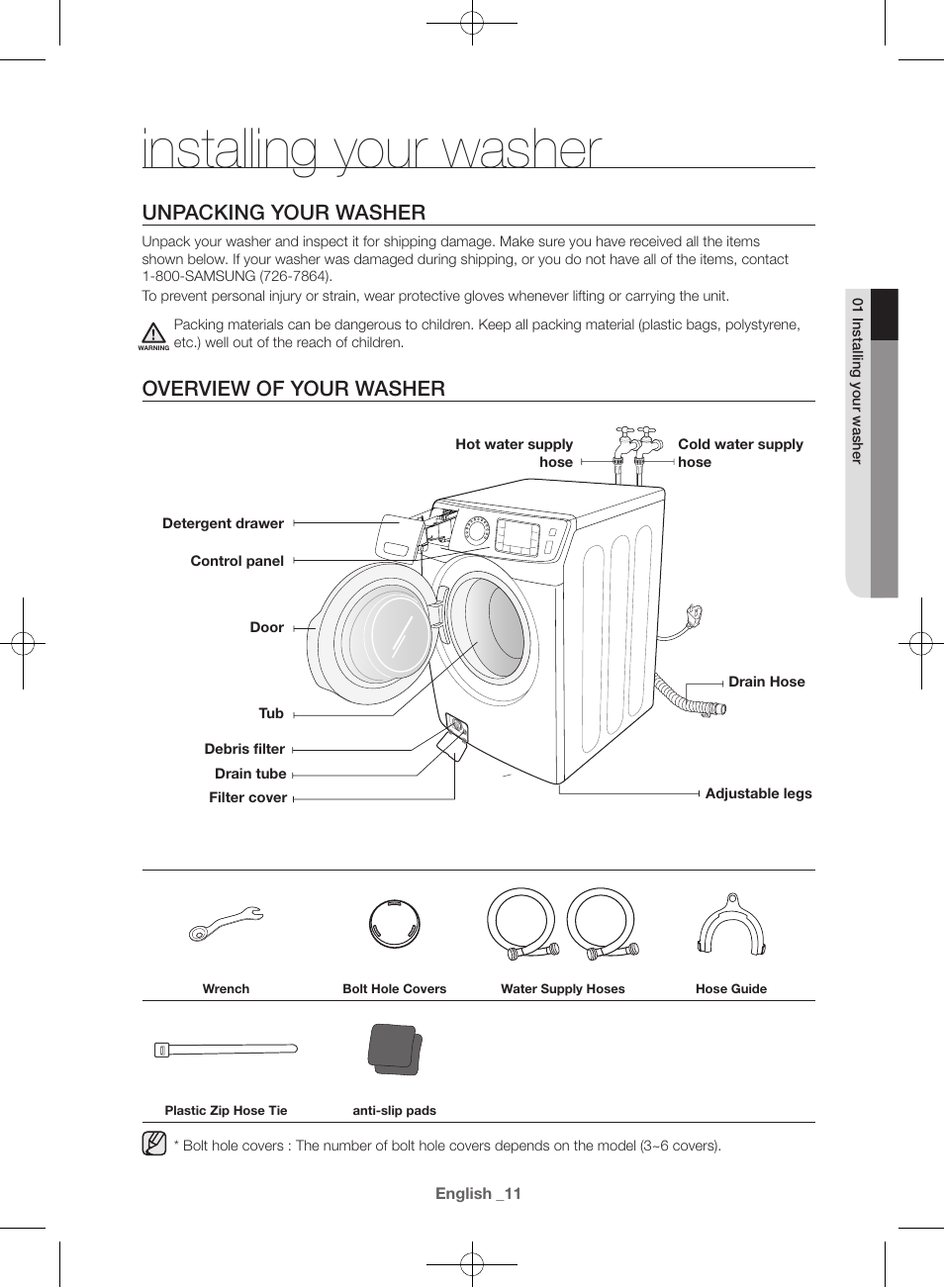 Installing your washer, Unpacking your washer, Overview of your washer | Samsung WF42H5400AW-A2 User Manual | Page 11 / 132