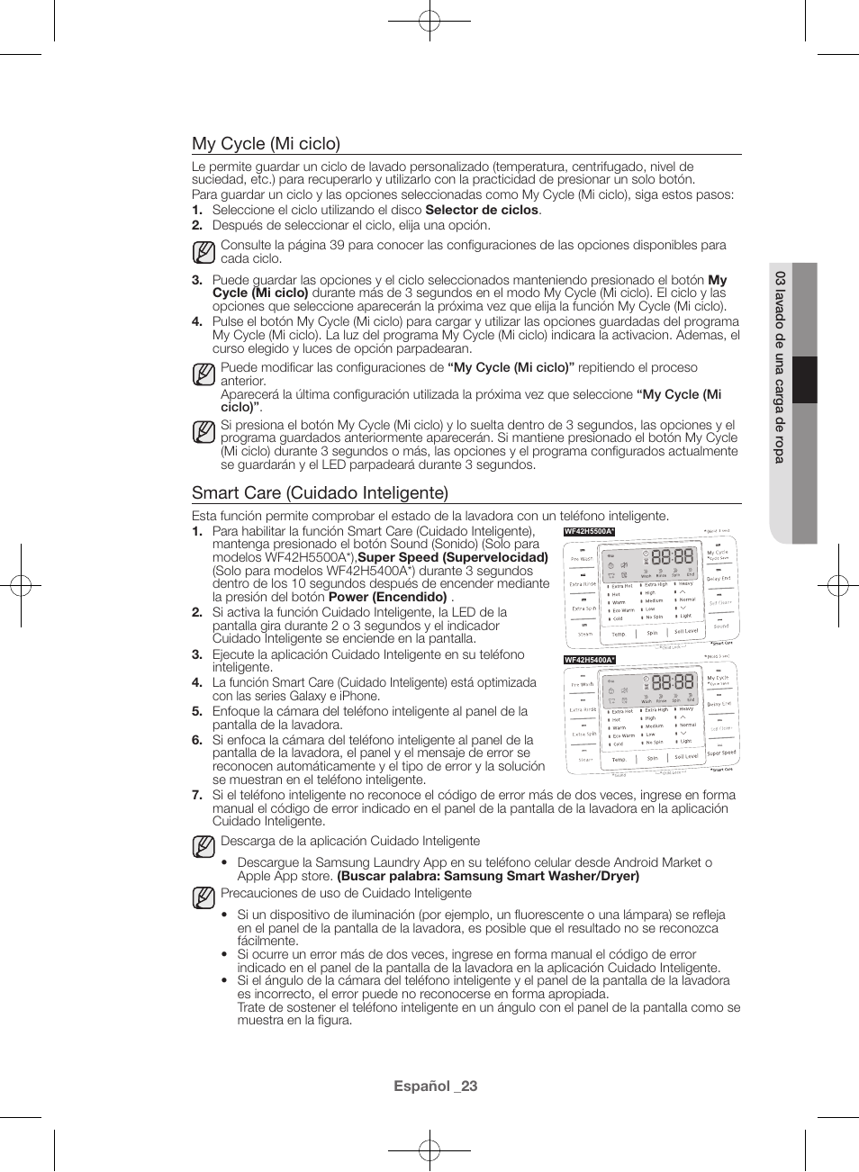 My cycle (mi ciclo), Smart care (cuidado inteligente) | Samsung WF42H5400AW-A2 User Manual | Page 111 / 132