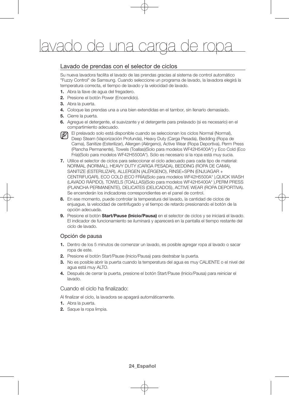 Lavado de una carga de ropa, Lavado de prendas con el selector de ciclos | Samsung WF42H5400AW-A2 User Manual | Page 112 / 132