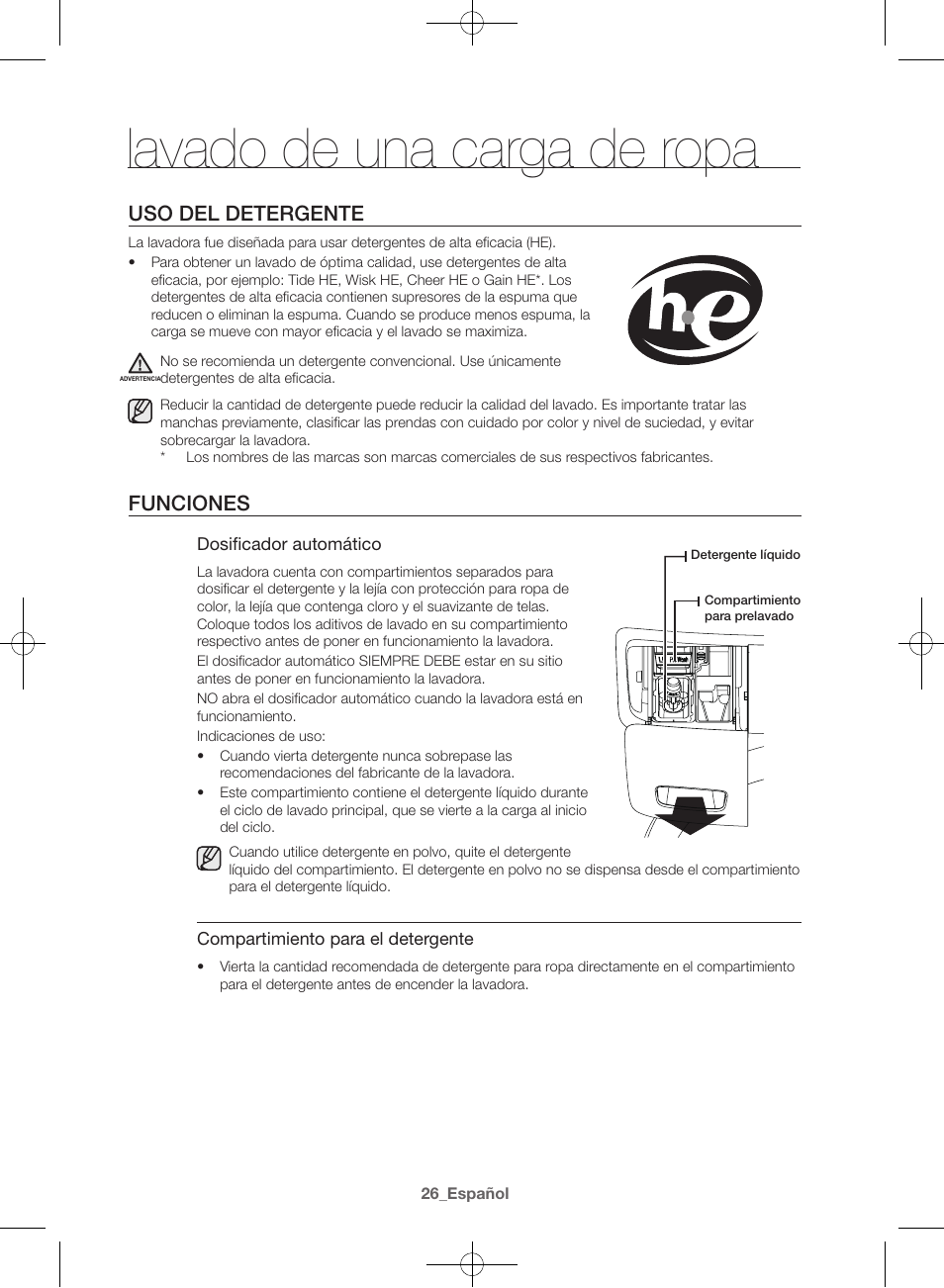 Lavado de una carga de ropa, Uso del detergente, Funciones | Samsung WF42H5400AW-A2 User Manual | Page 114 / 132