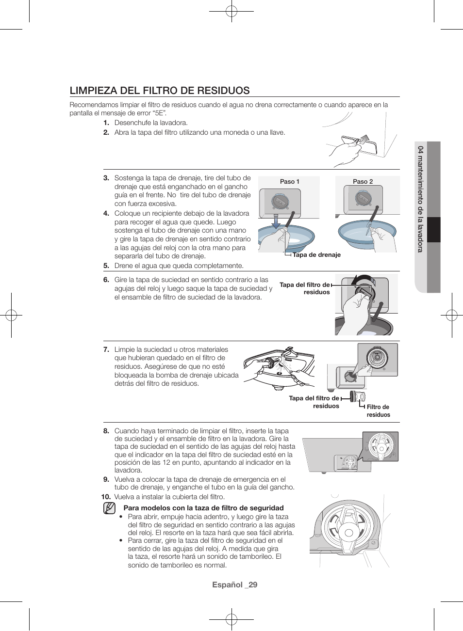 Limpieza del filtro de residuos | Samsung WF42H5400AW-A2 User Manual | Page 117 / 132