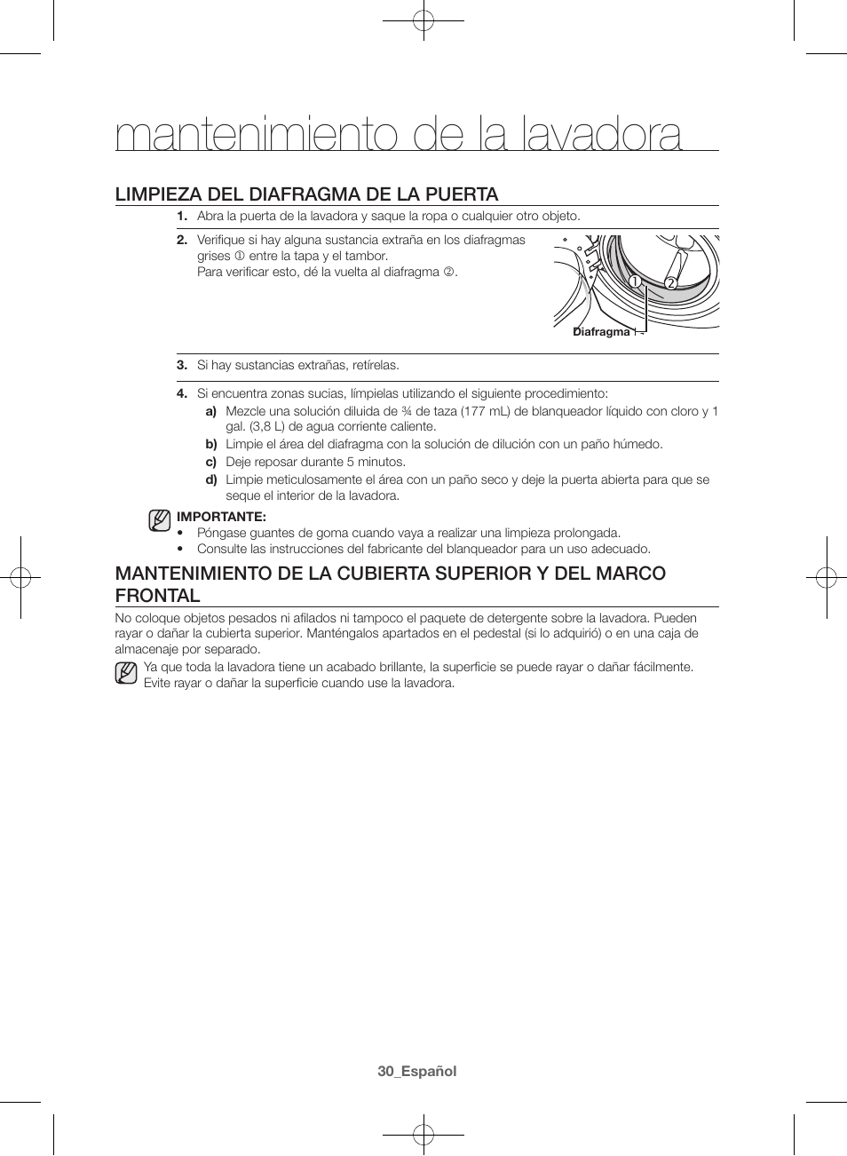 Mantenimiento de la lavadora, Limpieza del diafragma de la puerta | Samsung WF42H5400AW-A2 User Manual | Page 118 / 132