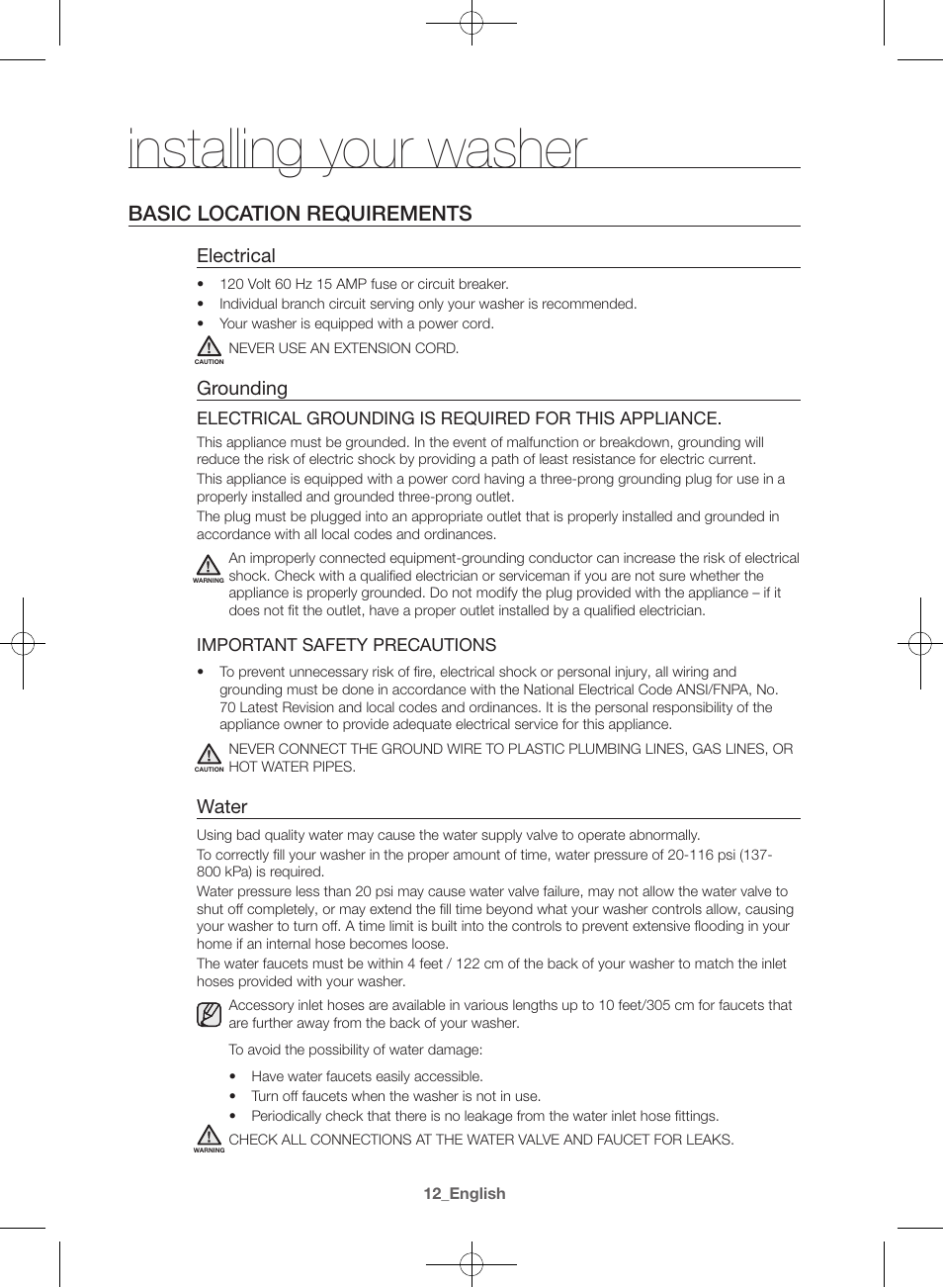 Installing your washer, Basic location requirements, Electrical | Grounding, Water | Samsung WF42H5400AW-A2 User Manual | Page 12 / 132