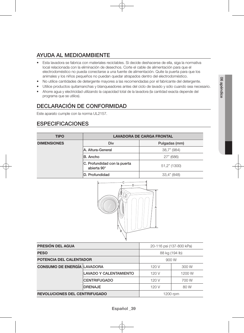 Ayuda al medioambiente, Declaración de conformidad, Especificaciones | Samsung WF42H5400AW-A2 User Manual | Page 127 / 132