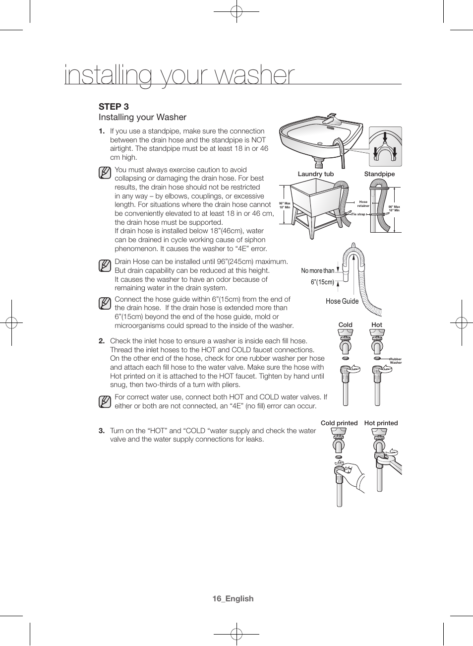Installing your washer, Step 3 installing your washer | Samsung WF42H5400AW-A2 User Manual | Page 16 / 132