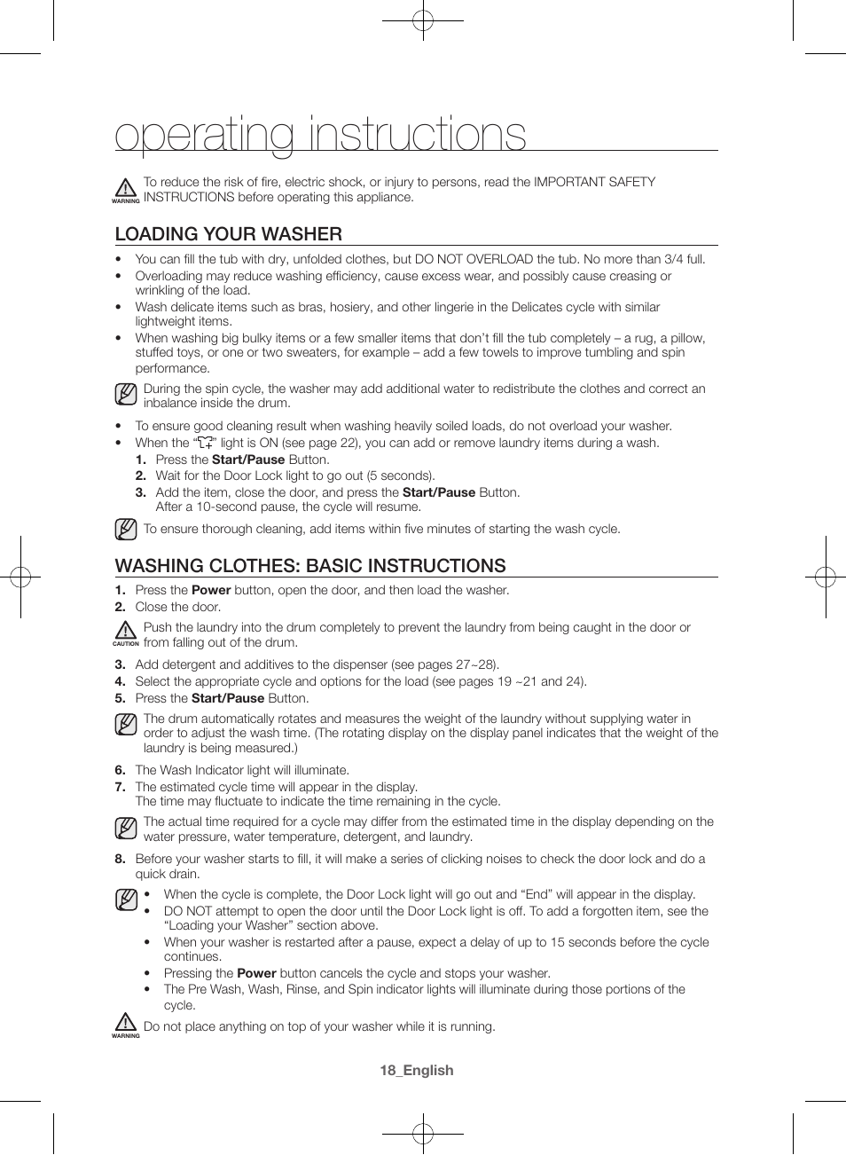 Operating instructions, Loading your washer, Washing clothes: basic instructions | Samsung WF42H5400AW-A2 User Manual | Page 18 / 132