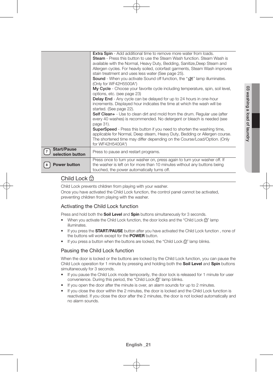 Child lock | Samsung WF42H5400AW-A2 User Manual | Page 21 / 132